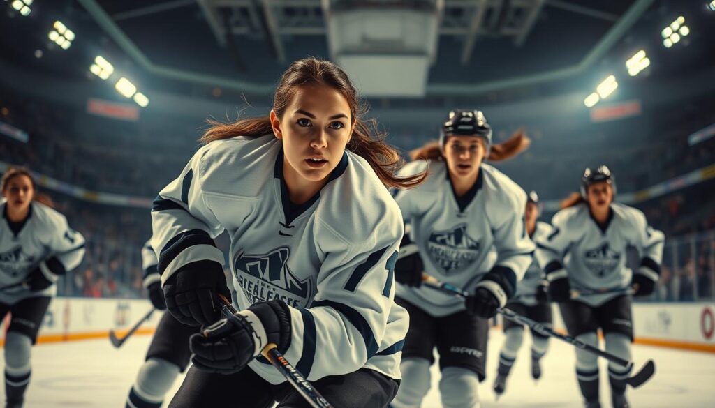 A high-contrast, cinematic still frame showcasing a diverse ensemble of female hockey players in action. In the foreground, a forward with determined expression powers through the ice, stick firmly in hand. Behind her, teammates in crisp uniforms battle for possession, their faces lit by dramatic side-lighting. In the background, a grand arena with rows of spectators lends an air of grandeur and high stakes. The overall mood is one of intensity, triumph, and the sheer athleticism of women's hockey.