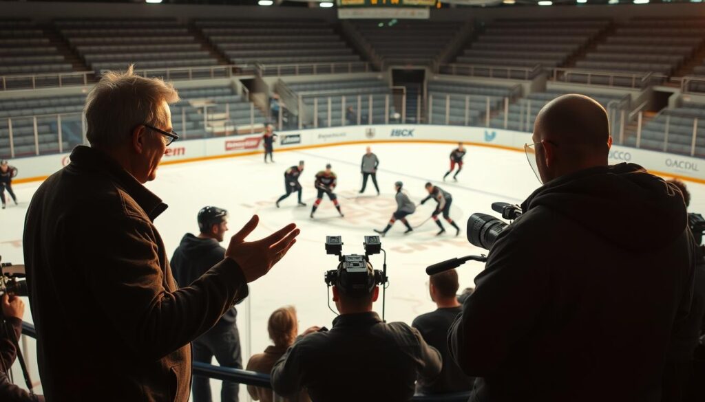 a behind-the-scenes view of a hockey movie set, with the camera crew, director, and actors gathered around the rink, carefully orchestrating a dynamic hockey scene. The foreground features the director gesturing with animation, while the middle ground shows the camera operator framing the perfect shot. In the background, the hockey players are engaged in a spirited practice session, their movements captured in a series of dramatic freeze-frames. The lighting is a warm, natural glow, casting a sense of energy and collaboration. The atmosphere is one of focused intensity, with the crew working in unison to bring the on-ice action to life on the silver screen.