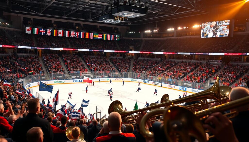 A lively hockey arena, the stands filled with fans waving flags and banners from different nations. On the ice, players from diverse backgrounds compete, their national anthems echoing through the stadium. The scene is bathed in a warm, golden light, capturing the global spirit of the sport. In the foreground, a brass band plays a rousing medley of national tunes, their music bridging cultural divides and uniting the crowd in a shared passion for the game. The atmosphere is electric, a celebration of the cross-border traditions that shape the identity of international hockey. A lively hockey arena, the stands filled with fans waving flags and banners from different nations. On the ice, players from diverse backgrounds compete, their national anthems echoing through the stadium. The scene is bathed in a warm, golden light, capturing the global spirit of the sport. In the foreground, a brass band plays a rousing medley of national tunes, their music bridging cultural divides and uniting the crowd in a shared passion for the game. The atmosphere is electric, a celebration of the cross-border traditions that shape the identity of international hockey.