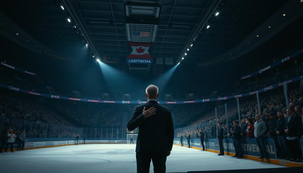 A vast hockey arena, dimly lit, with the national anthem echoing through the halls. In the foreground, a lone figure stands, hand over heart, while in the background, the crowd is divided - some singing along, others silently protesting, their emotions etched on their faces. The contrast of unity and division, the anthem binding and separating, captured in a single, poignant scene. Soft, dramatic lighting casts shadows, creating a somber, thought-provoking atmosphere. A wide, cinematic angle showcases the scale and drama of the moment, a microcosm of the complex role national music plays in shaping hockey identity. A vast hockey arena, dimly lit, with the national anthem echoing through the halls. In the foreground, a lone figure stands, hand over heart, while in the background, the crowd is divided - some singing along, others silently protesting, their emotions etched on their faces. The contrast of unity and division, the anthem binding and separating, captured in a single, poignant scene. Soft, dramatic lighting casts shadows, creating a somber, thought-provoking atmosphere. A wide, cinematic angle showcases the scale and drama of the moment, a microcosm of the complex role national music plays in shaping hockey identity.