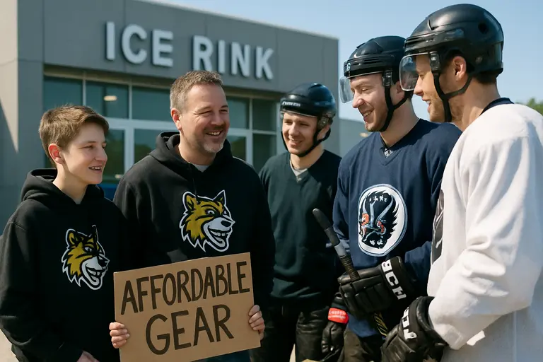 Volunteers sorting donated hockey helmets and pads at a local rink