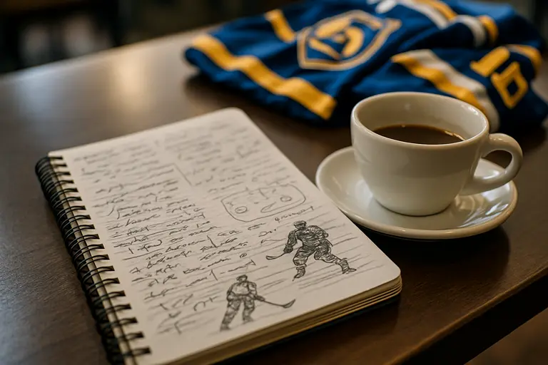 A hockey executive reviews roster notes beside a rink-level view