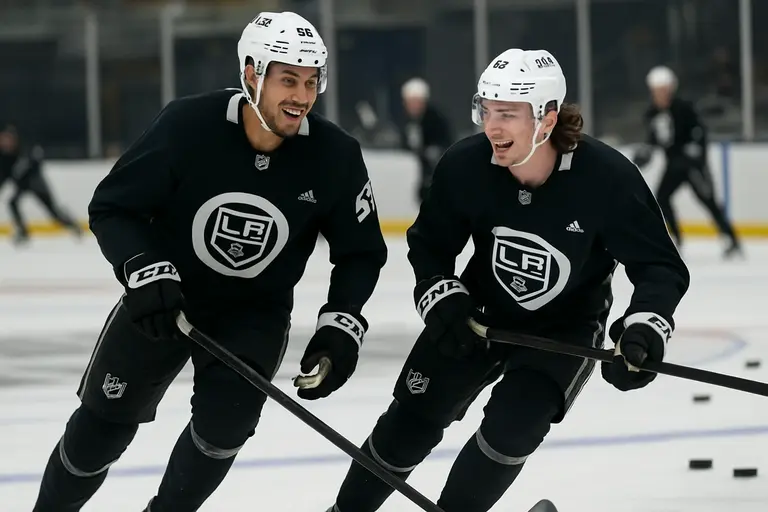 Young center and defenseman skating through a high-tempo Kings practice