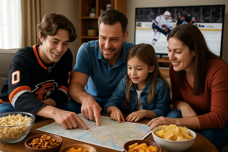 Hockey fans studying a travel map with arena stops and game dates