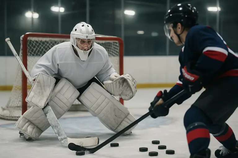 A goalie prospect tracking a shot during team practice