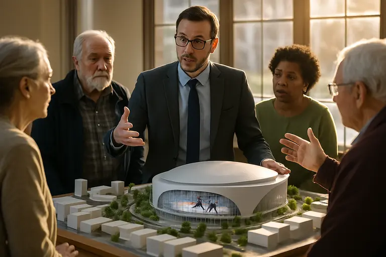 Architectural arena model surrounded by planners and community members