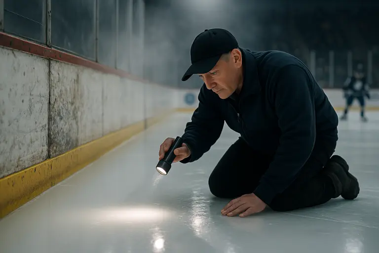 Arena ice surface under bright LED lighting with seating in the background