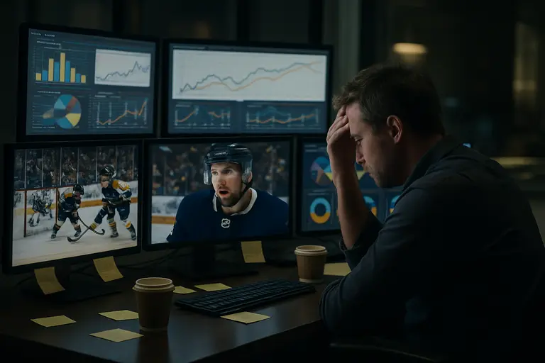 Arena operations staff monitoring hockey video feeds and display controls