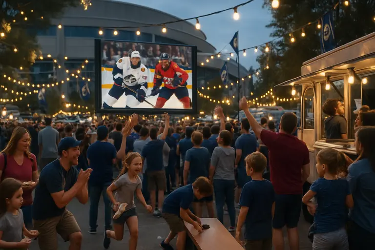 Hockey crowd walking toward an arena before a major evening game
