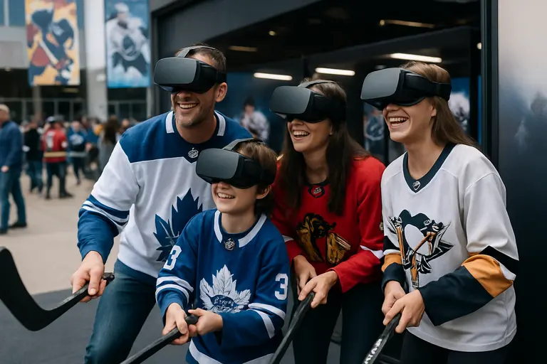 Hockey fans watching rink action while mobile graphics show player movement data
