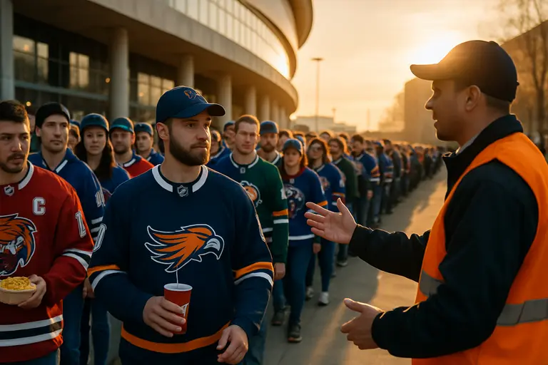 Students boarding a shuttle before a college hockey game at an off-campus venue