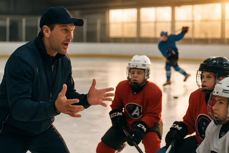 Youth hockey coaches review practice plans beside a rink