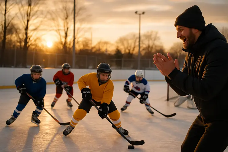 Youth hockey players practicing while coaches review drills at rink boards